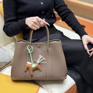 Hermes Garden Party 30 Bag Handmade In Negonda Calfskin Leather Silver Hardware 18 Etoupe - Image 4