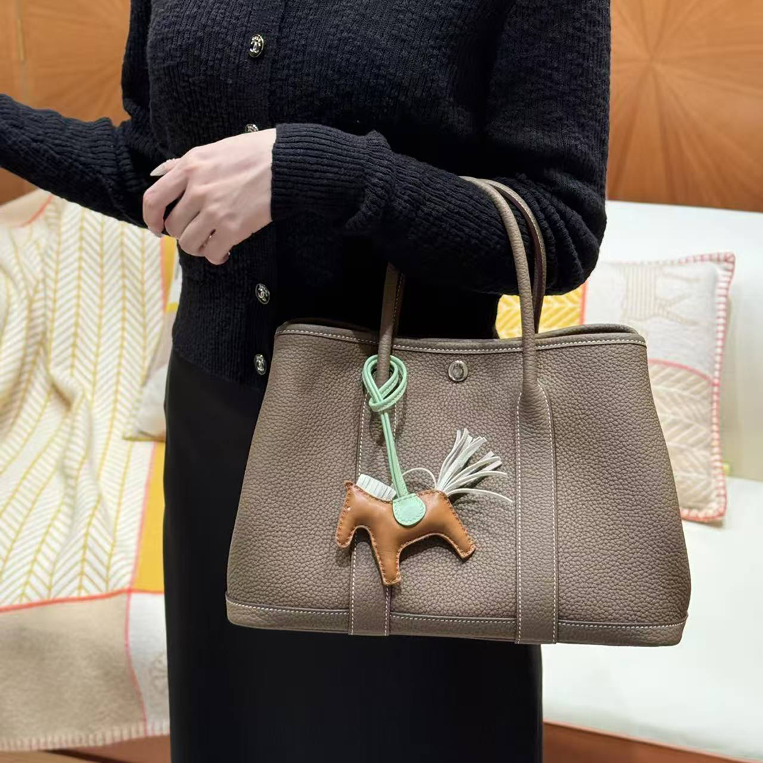 Hermes Garden Party 30 Bag Handmade In Negonda Calfskin Leather Silver Hardware 18 Etoupe - Image 3