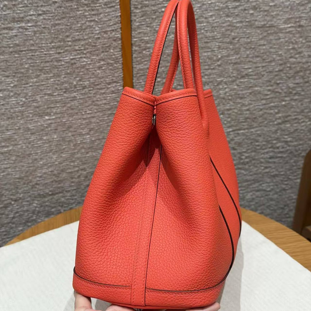 Hermes Garden Party 30 Bag Handmade In Negonda Calfskin Leather Silver Hardware 2R Rouge Pivoine - Image 17