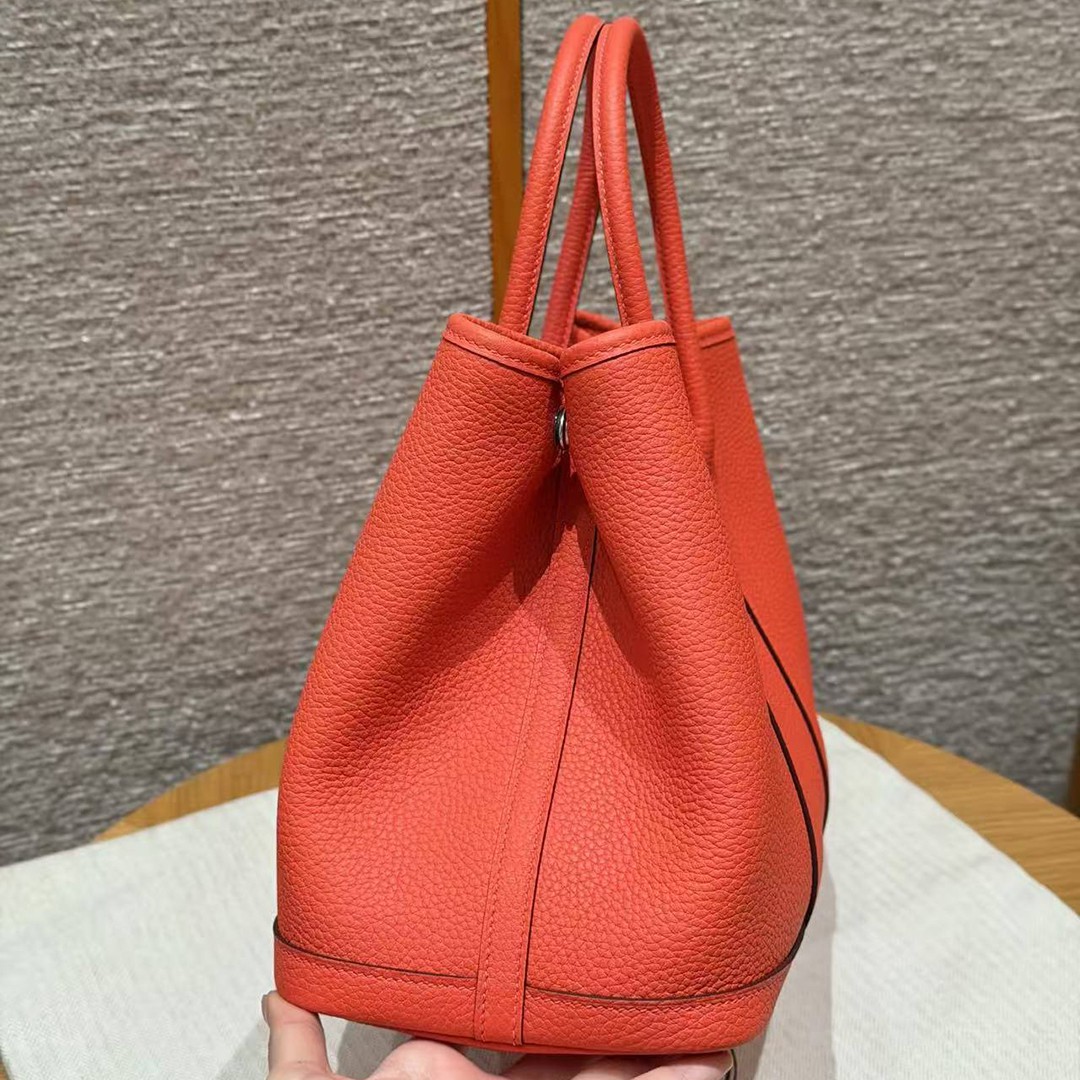 Hermes Garden Party 30 Bag Handmade In Negonda Calfskin Leather Silver Hardware 2R Rouge Pivoine - Image 16