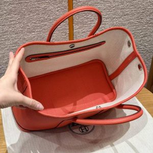 Hermes Garden Party 30 Bag Handmade In Negonda Calfskin Leather Silver Hardware 2R Rouge Pivoine - Image 14
