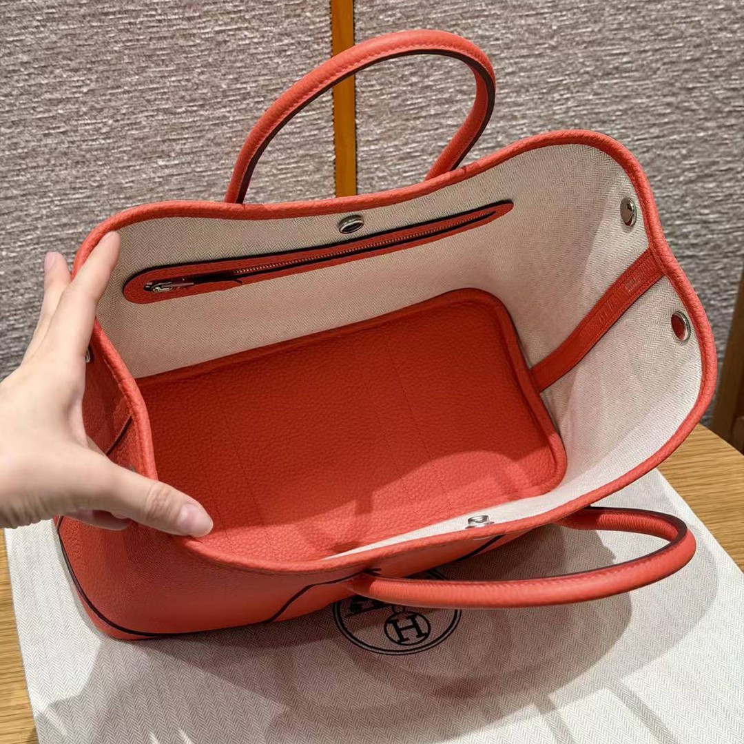 Hermes Garden Party 30 Bag Handmade In Negonda Calfskin Leather Silver Hardware 2R Rouge Pivoine - Image 14