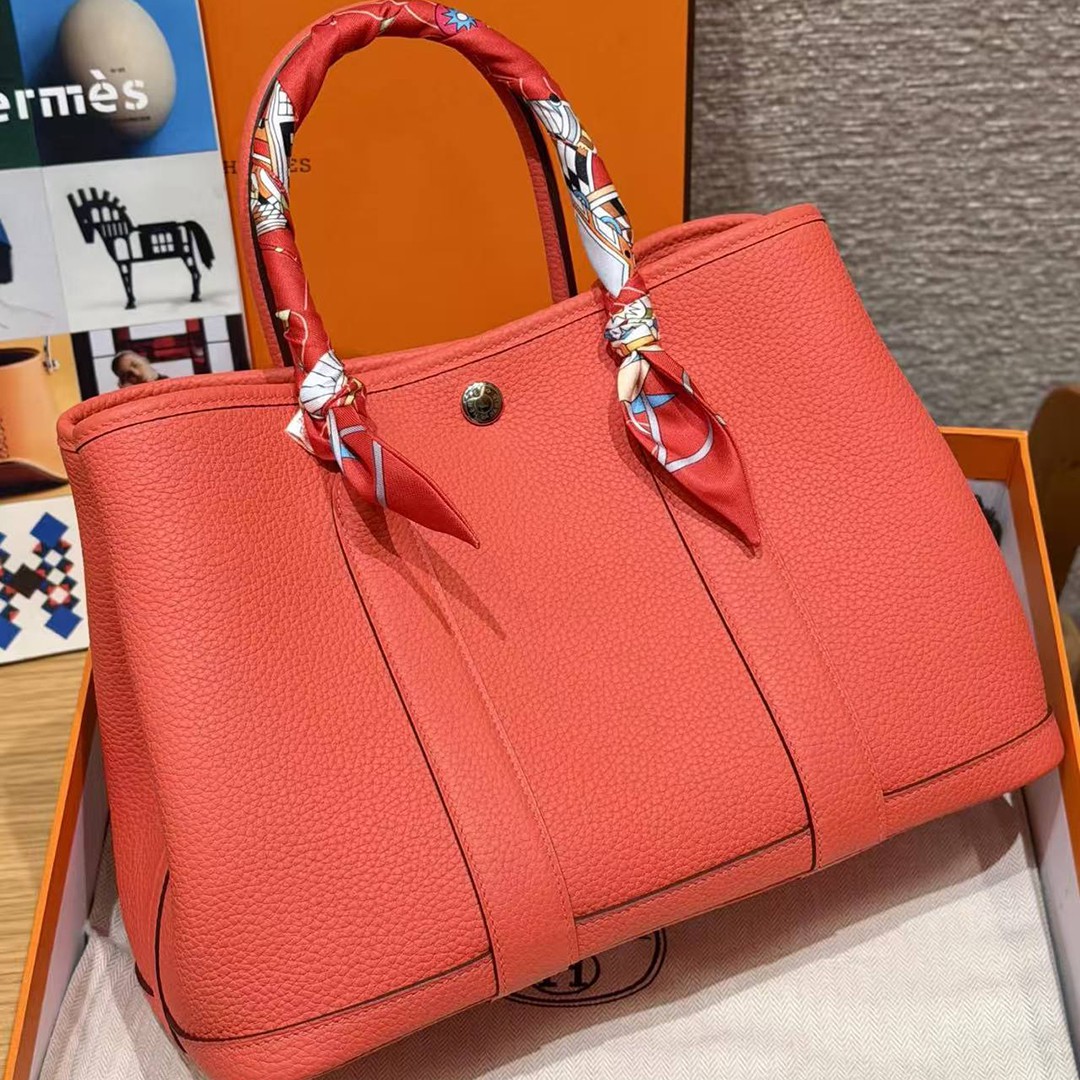 Hermes Garden Party 30 Bag Handmade In Negonda Calfskin Leather Silver Hardware 2R Rouge Pivoine