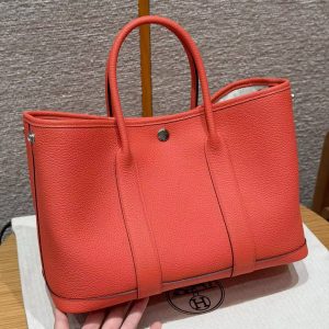 Hermes Garden Party 30 Bag Handmade In Negonda Calfskin Leather Silver Hardware 2R Rouge Pivoine - Image 10