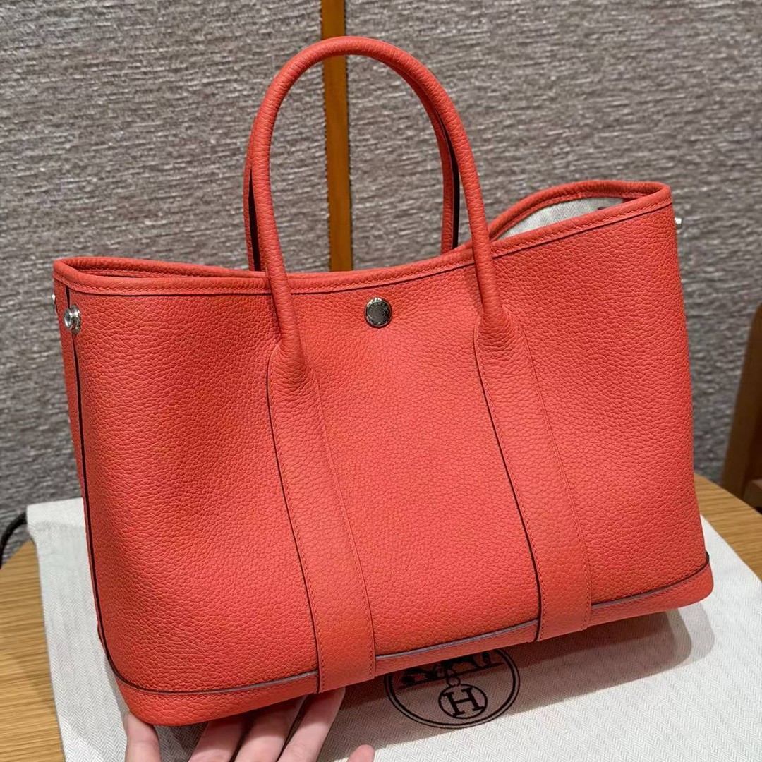 Hermes Garden Party 30 Bag Handmade In Negonda Calfskin Leather Silver Hardware 2R Rouge Pivoine - Image 10