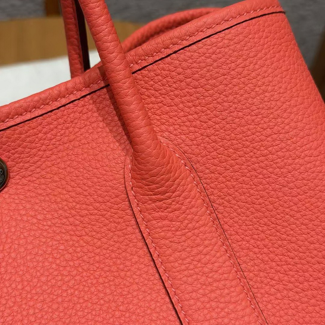 Hermes Garden Party 30 Bag Handmade In Negonda Calfskin Leather Silver Hardware 2R Rouge Pivoine - Image 4