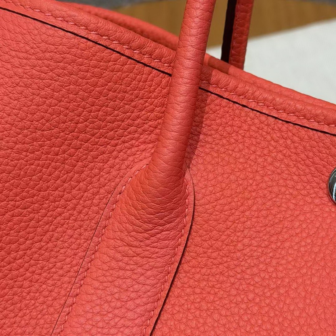 Hermes Garden Party 30 Bag Handmade In Negonda Calfskin Leather Silver Hardware 2R Rouge Pivoine - Image 3