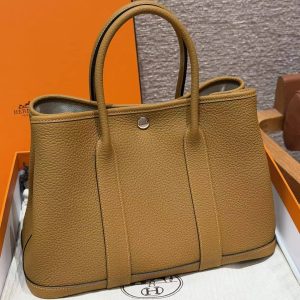 Hermes Garden Party 30 Bag Handmade In Negonda Calfskin Leather Silver Hardware 2S Sesame - Image 19