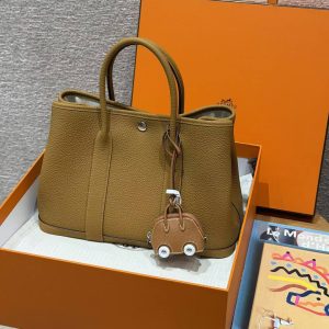 Hermes Garden Party 30 Bag Handmade In Negonda Calfskin Leather Silver Hardware 2S Sesame - Image 11