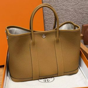 Hermes Garden Party 30 Bag Handmade In Negonda Calfskin Leather Silver Hardware 2S Sesame - Image 10