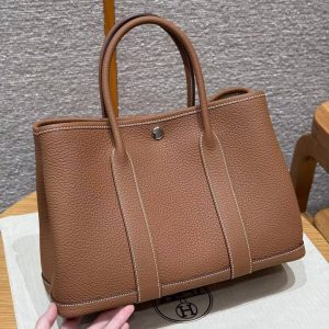 Hermes Garden Party 30 Bag Handmade In Negonda Calfskin Leather Silver Hardware 37 Gold - Image 2