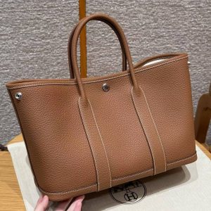 Hermes Garden Party 30 Bag Handmade In Negonda Calfskin Leather Silver Hardware 37 Gold - Image 16