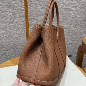 Hermes Garden Party 30 Bag Handmade In Negonda Calfskin Leather Silver Hardware 37 Gold - Image 15