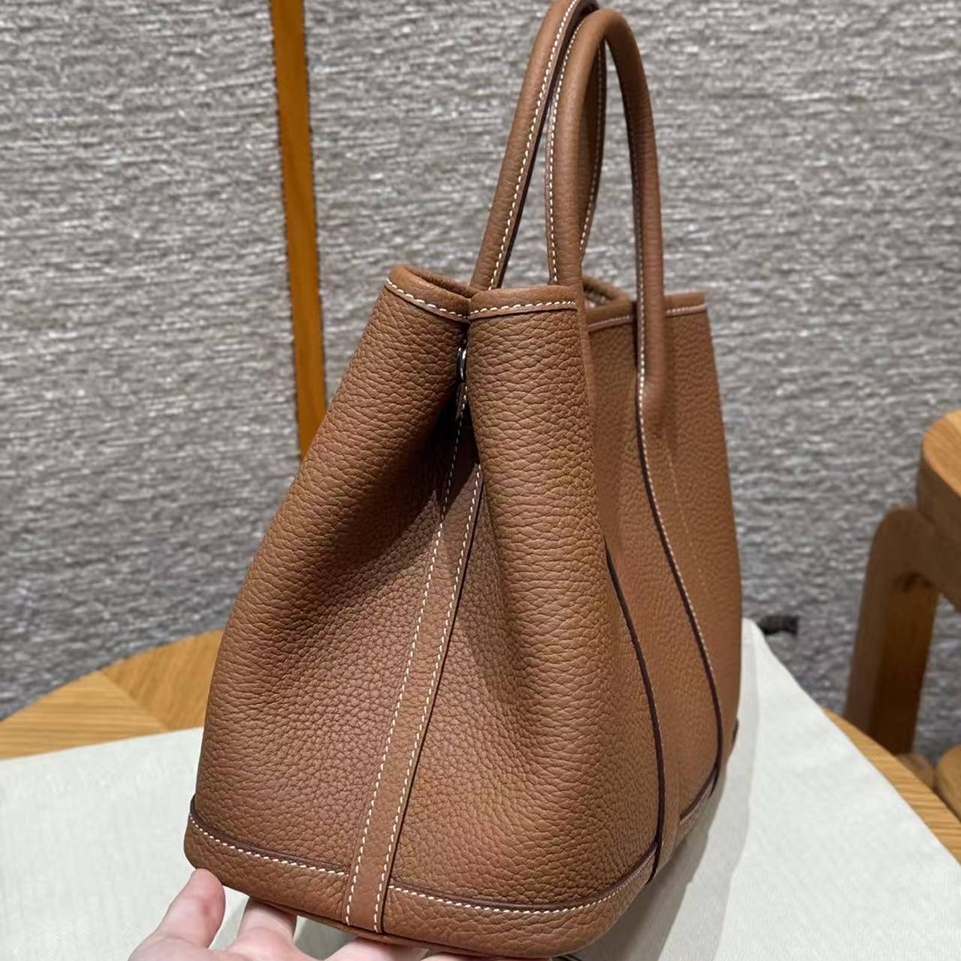 Hermes Garden Party 30 Bag Handmade In Negonda Calfskin Leather Silver Hardware 37 Gold - Image 15