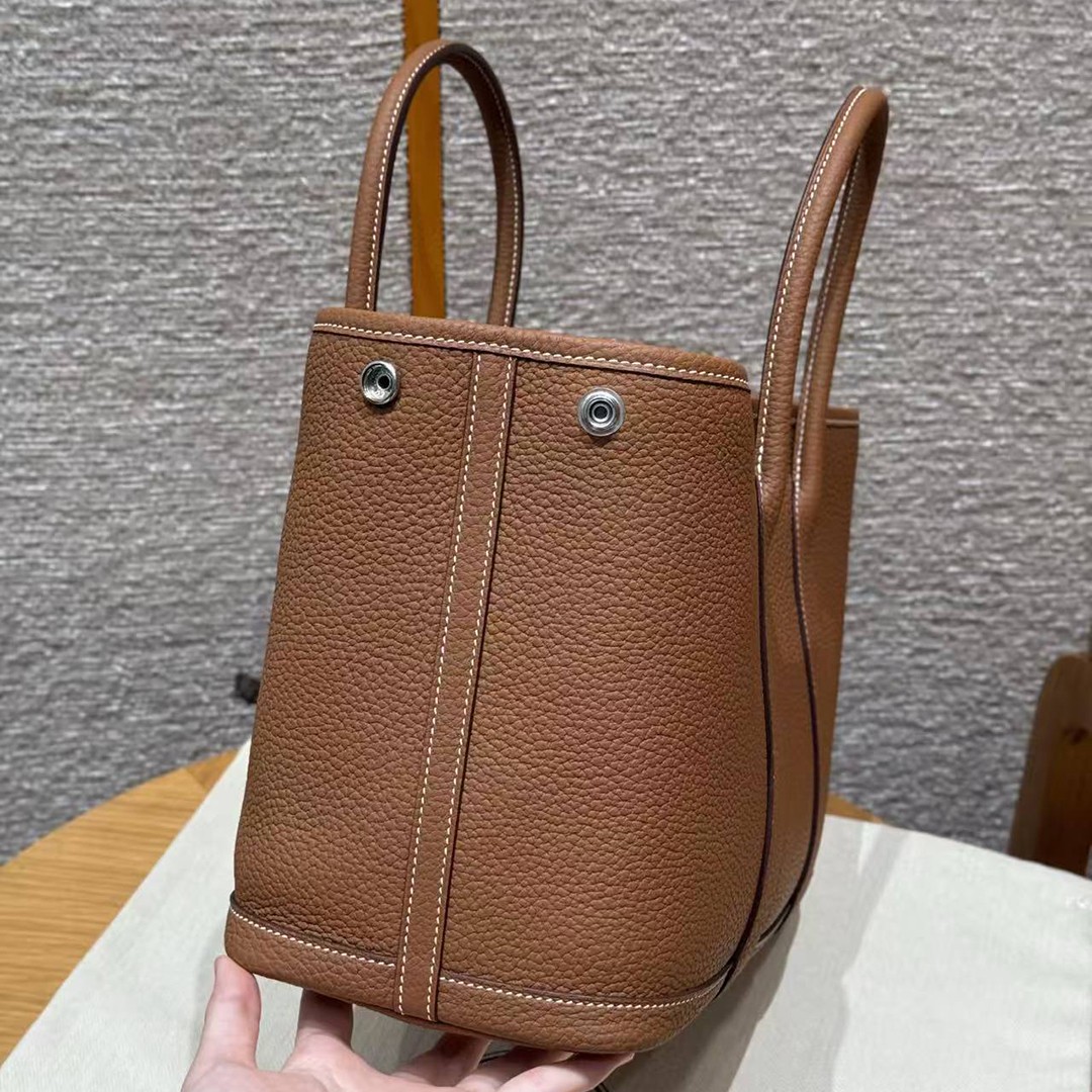 Hermes Garden Party 30 Bag Handmade In Negonda Calfskin Leather Silver Hardware 37 Gold - Image 14