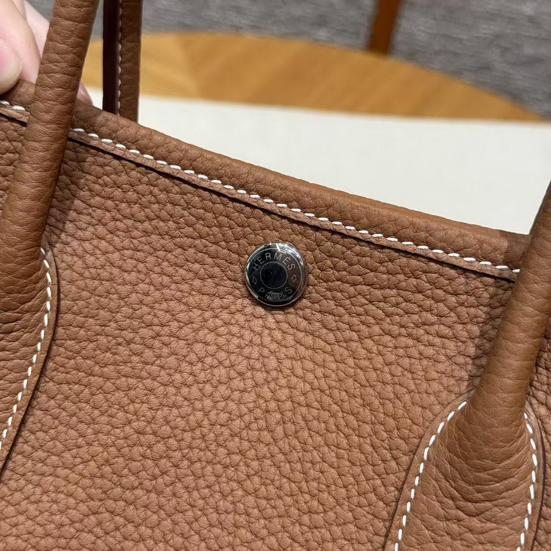 Hermes Garden Party 30 Bag Handmade In Negonda Calfskin Leather Silver Hardware 37 Gold - Image 12