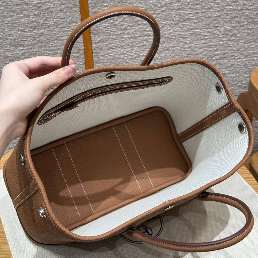 Hermes Garden Party 30 Bag Handmade In Negonda Calfskin Leather Silver Hardware 37 Gold - Image 9
