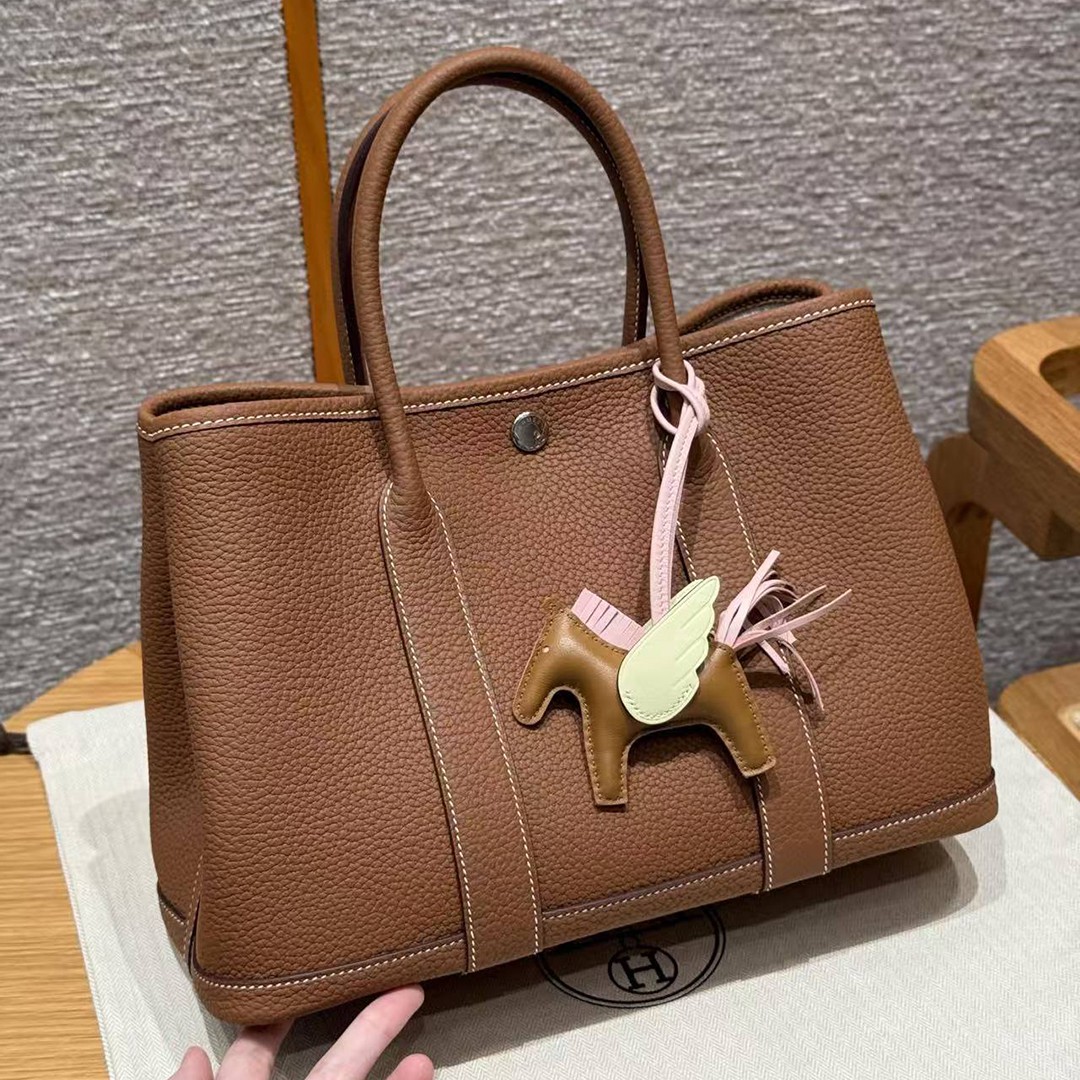 Hermes Garden Party 30 Bag Handmade In Negonda Calfskin Leather Silver Hardware 37 Gold