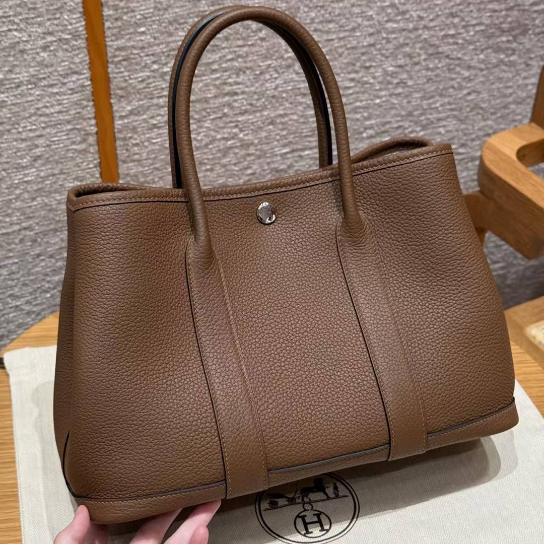 Hermes Garden Party 30 Bag Handmade In Negonda Calfskin Leather Silver Hardware 3G Alezan