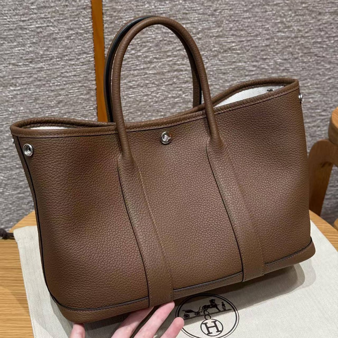 Hermes Garden Party 30 Bag Handmade In Negonda Calfskin Leather Silver Hardware 3G Alezan - Image 2