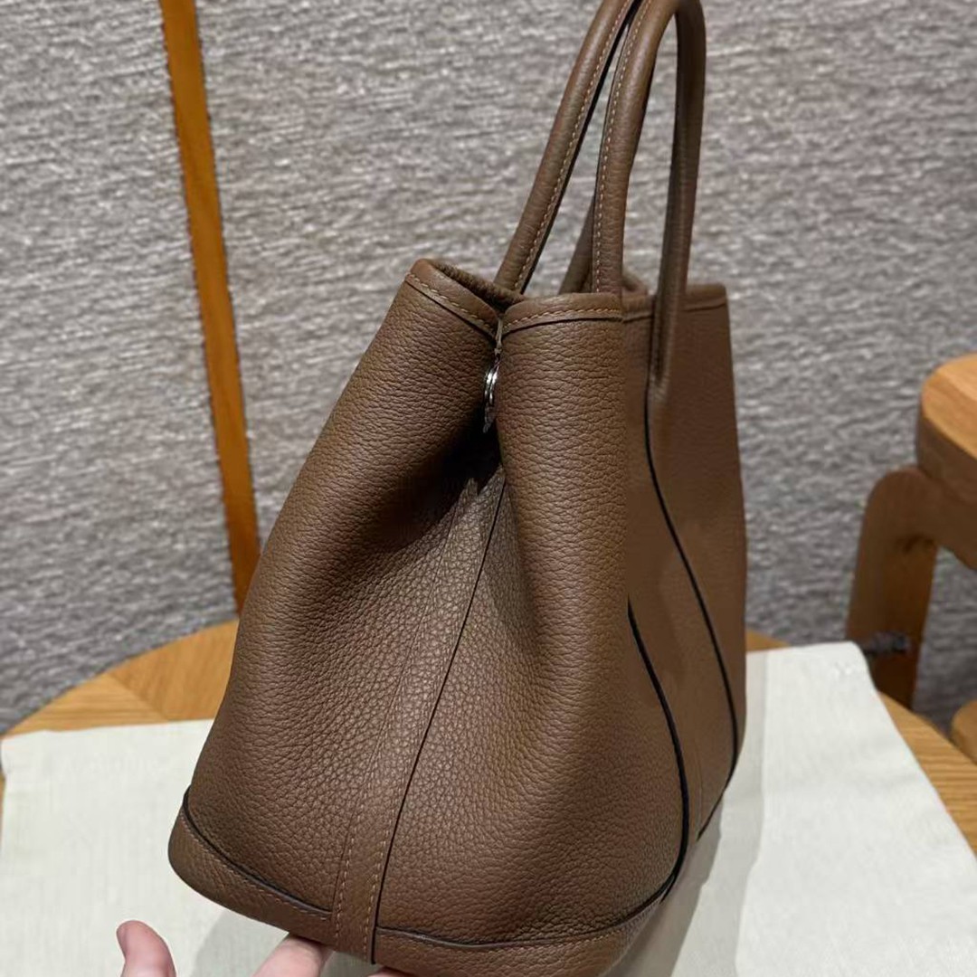 Hermes Garden Party 30 Bag Handmade In Negonda Calfskin Leather Silver Hardware 3G Alezan - Image 19