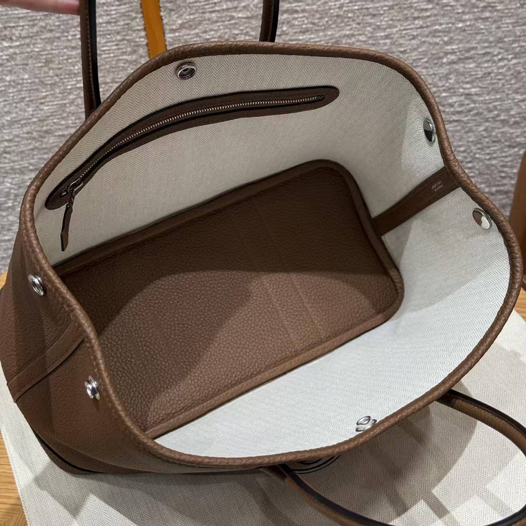 Hermes Garden Party 30 Bag Handmade In Negonda Calfskin Leather Silver Hardware 3G Alezan - Image 12