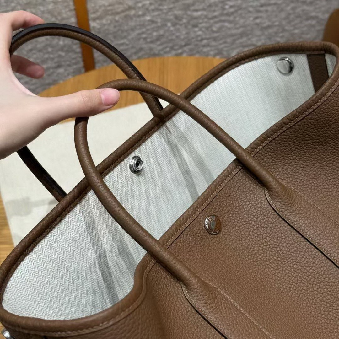 Hermes Garden Party 30 Bag Handmade In Negonda Calfskin Leather Silver Hardware 3G Alezan - Image 11