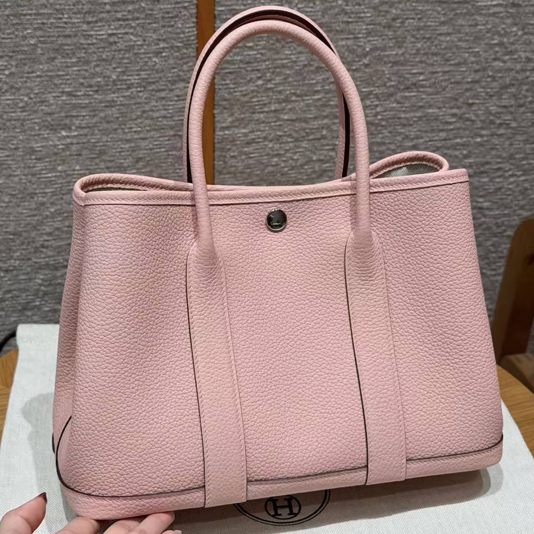 Hermes Garden Party 30 Bag Handmade In Negonda Calfskin Leather Silver Hardware 3Q Rose Sakura