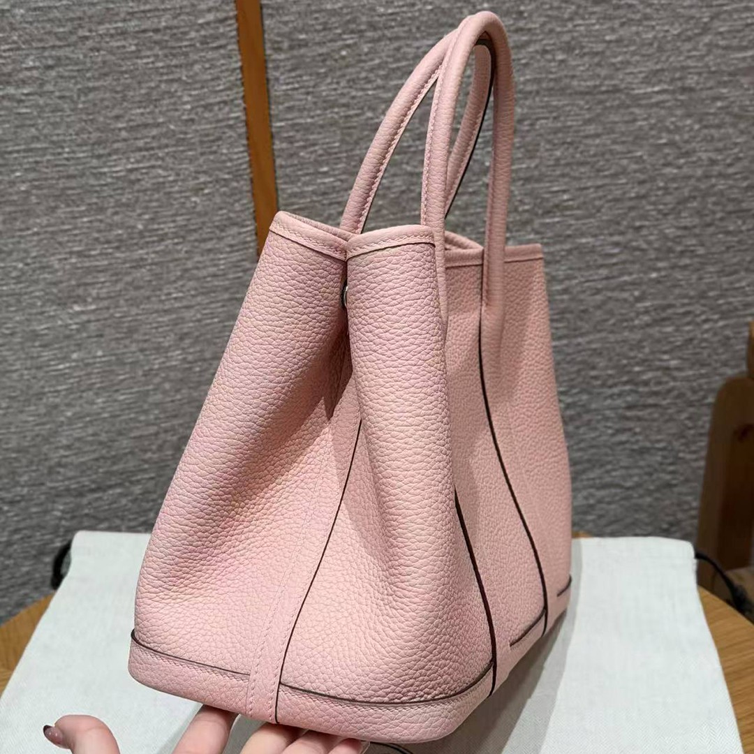 Hermes Garden Party 30 Bag Handmade In Negonda Calfskin Leather Silver Hardware 3Q Rose Sakura - Image 15