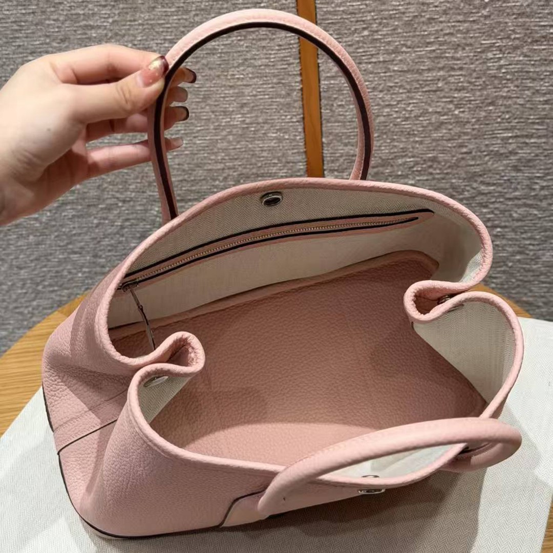 Hermes Garden Party 30 Bag Handmade In Negonda Calfskin Leather Silver Hardware 3Q Rose Sakura - Image 13