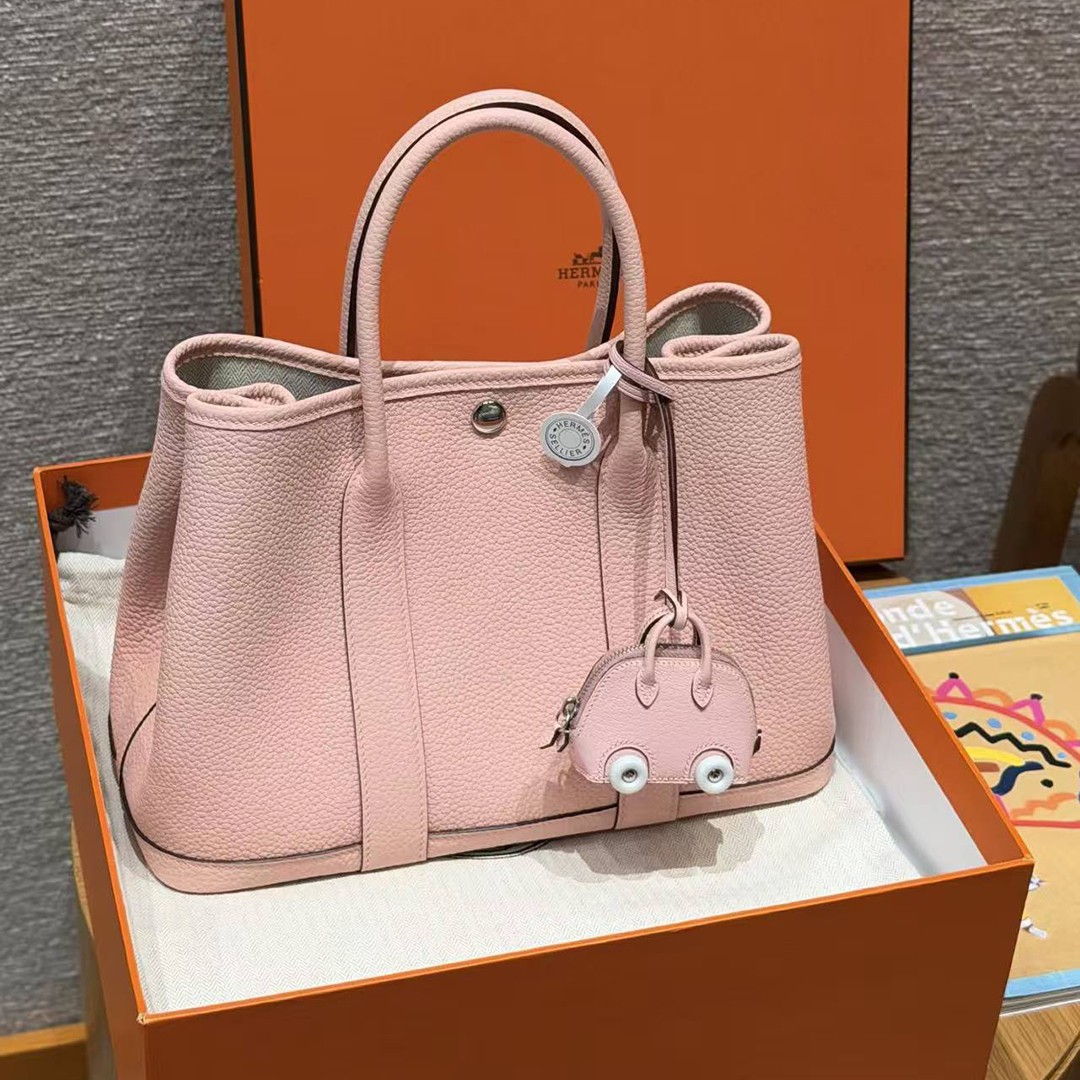 Hermes Garden Party 30 Bag Handmade In Negonda Calfskin Leather Silver Hardware 3Q Rose Sakura - Image 9