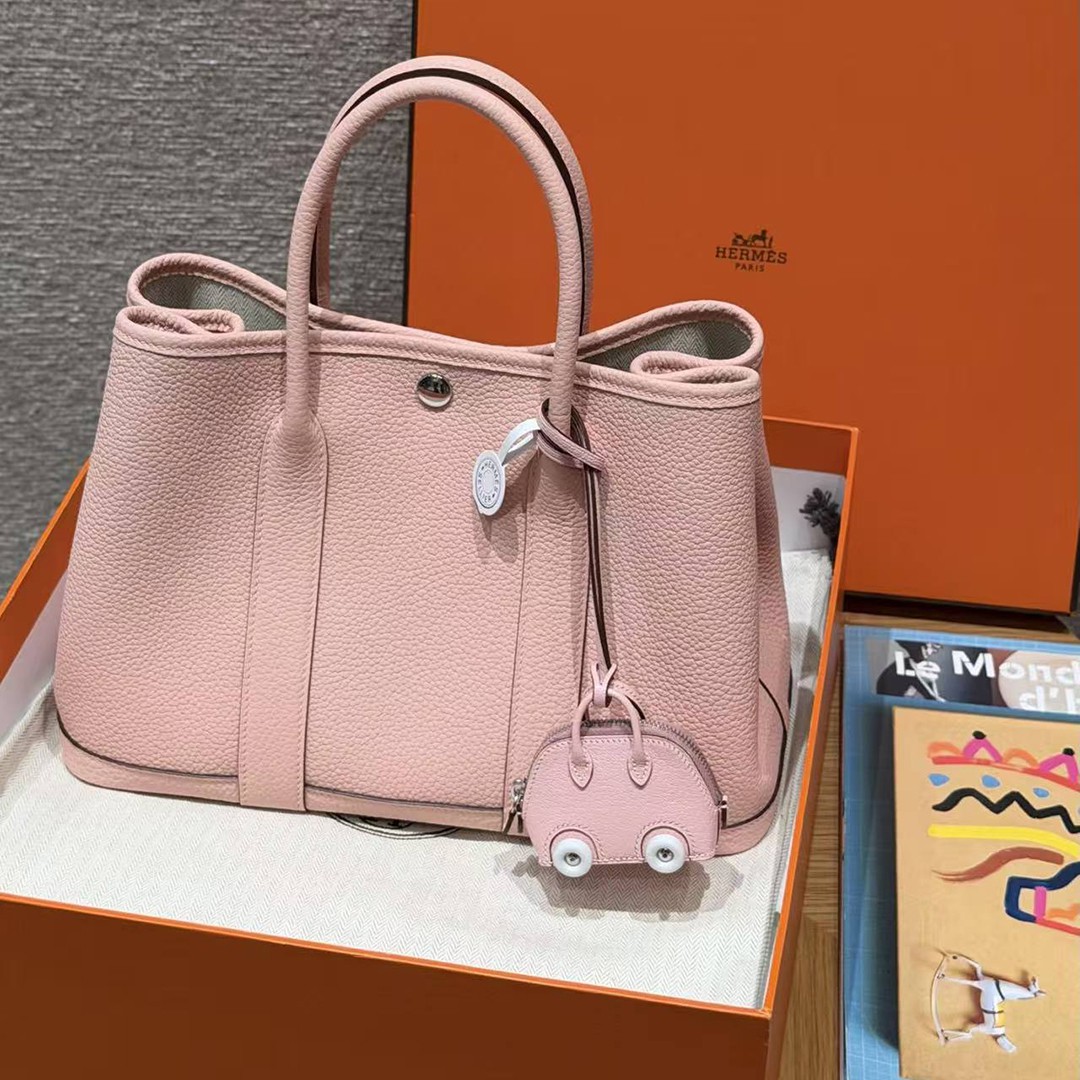 Hermes Garden Party 30 Bag Handmade In Negonda Calfskin Leather Silver Hardware 3Q Rose Sakura - Image 8