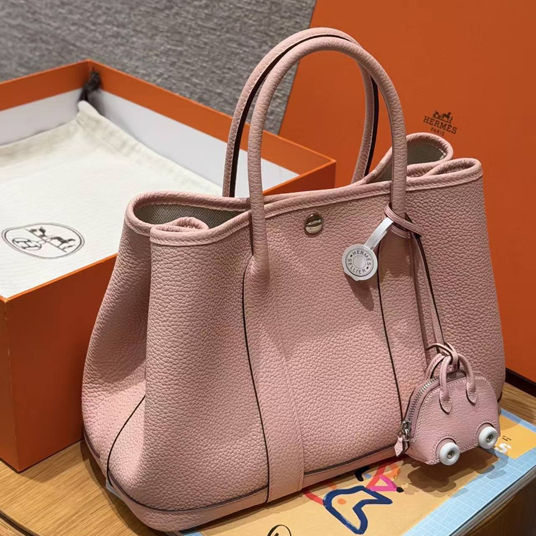 Hermes Garden Party 30 Bag Handmade In Negonda Calfskin Leather Silver Hardware 3Q Rose Sakura - Image 7
