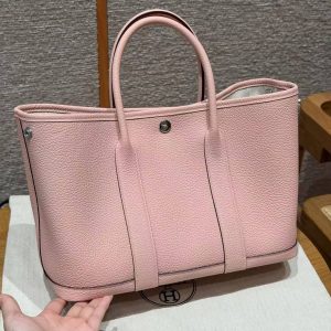 Hermes Garden Party 30 Bag Handmade In Negonda Calfskin Leather Silver Hardware 3Q Rose Sakura - Image 6