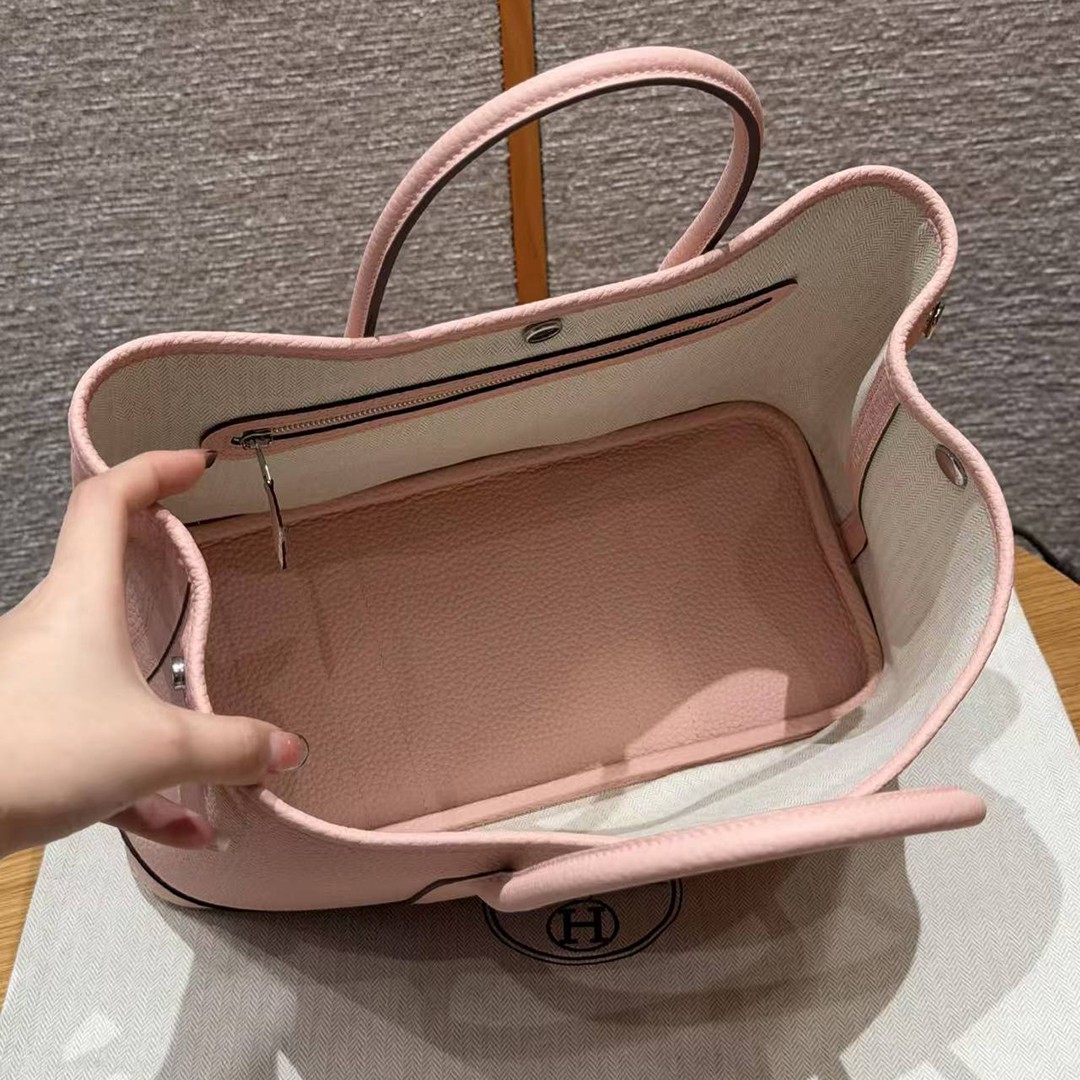 Hermes Garden Party 30 Bag Handmade In Negonda Calfskin Leather Silver Hardware 3Q Rose Sakura - Image 5
