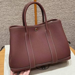 Hermes Garden Party 30 Bag Handmade In Negonda Calfskin Leather Silver Hardware 55 Rouge H