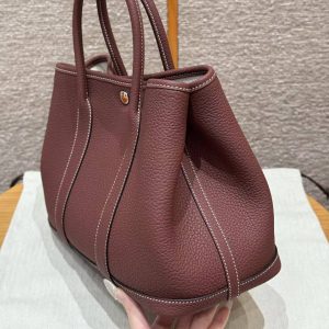 Hermes Garden Party 30 Bag Handmade In Negonda Calfskin Leather Silver Hardware 55 Rouge H - Image 19