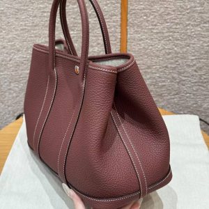Hermes Garden Party 30 Bag Handmade In Negonda Calfskin Leather Silver Hardware 55 Rouge H - Image 18
