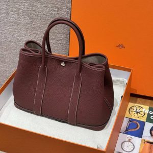 Hermes Garden Party 30 Bag Handmade In Negonda Calfskin Leather Silver Hardware 55 Rouge H - Image 12