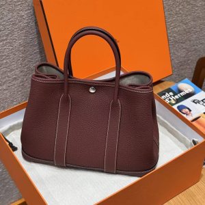 Hermes Garden Party 30 Bag Handmade In Negonda Calfskin Leather Silver Hardware 55 Rouge H - Image 11