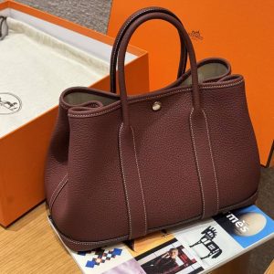 Hermes Garden Party 30 Bag Handmade In Negonda Calfskin Leather Silver Hardware 55 Rouge H - Image 10