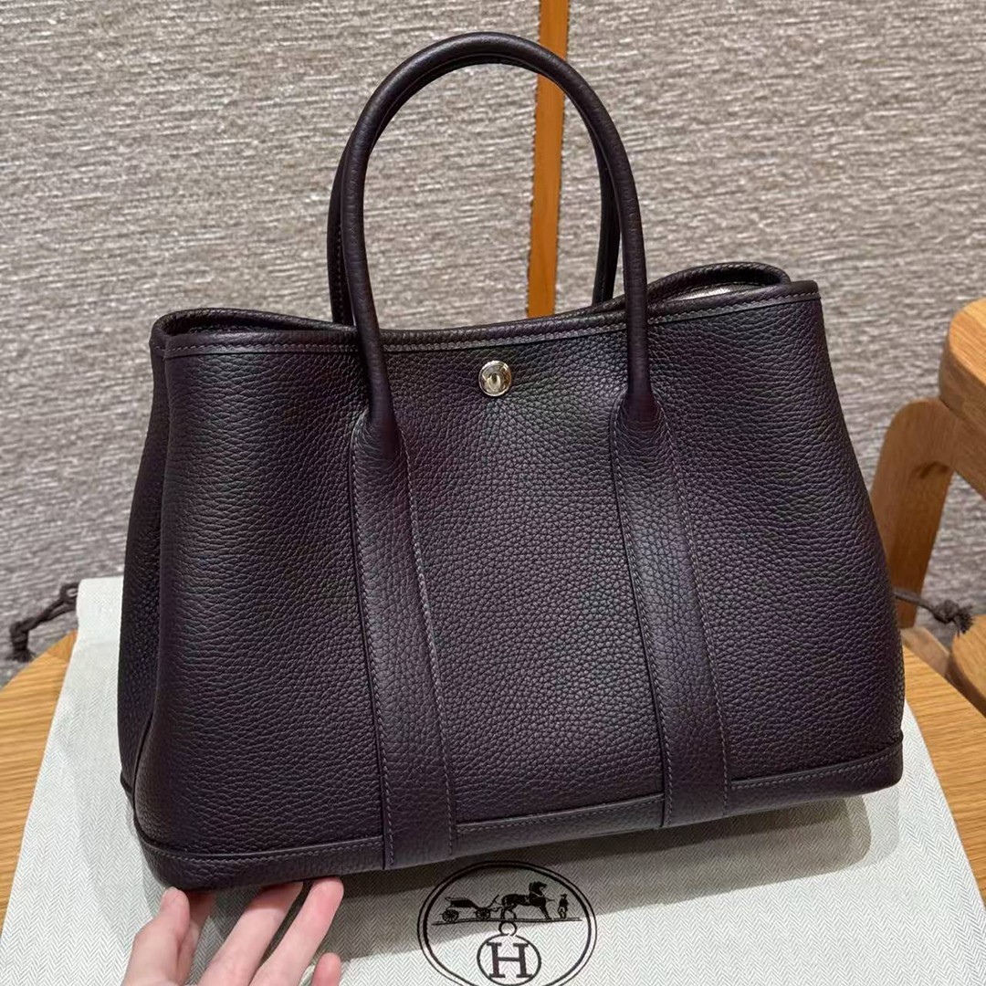 Hermes Garden Party 30 Bag Handmade In Negonda Calfskin Leather Silver Hardware 59 Raisin