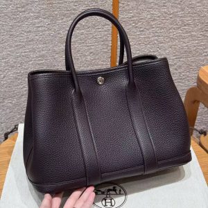 Hermes Garden Party 30 Bag Handmade In Negonda Calfskin Leather Silver Hardware 59 Raisin - Image 2