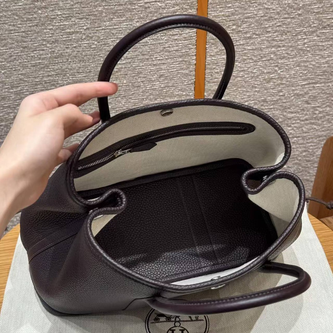Hermes Garden Party 30 Bag Handmade In Negonda Calfskin Leather Silver Hardware 59 Raisin - Image 16