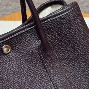 Hermes Garden Party 30 Bag Handmade In Negonda Calfskin Leather Silver Hardware 59 Raisin - Image 12