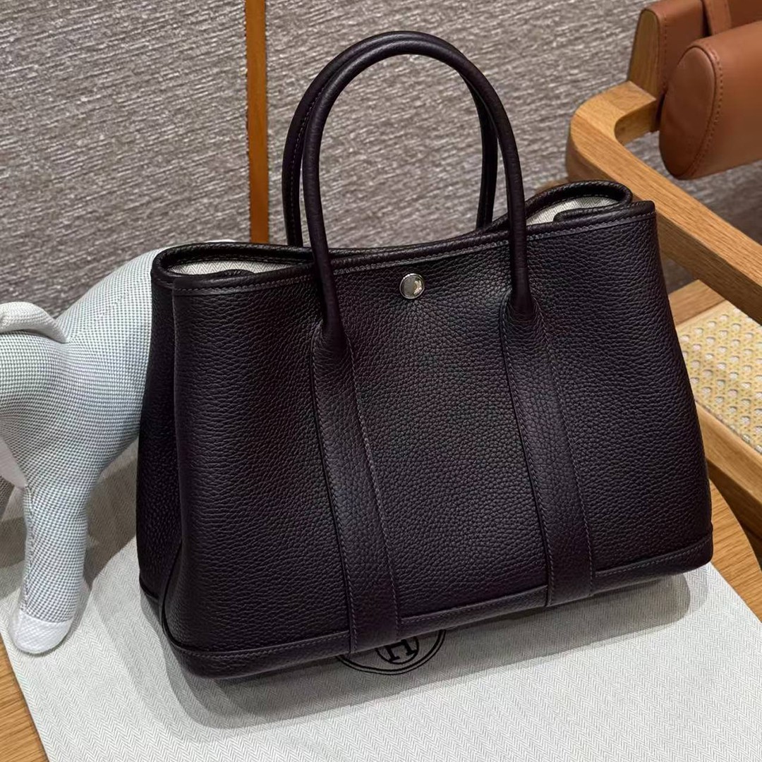 Hermes Garden Party 30 Bag Handmade In Negonda Calfskin Leather Silver Hardware 59 Raisin - Image 5