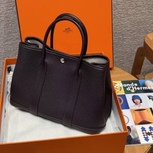 Hermes Garden Party 30 Bag Handmade In Negonda Calfskin Leather Silver Hardware 59 Raisin - Image 4