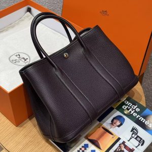 Hermes Garden Party 30 Bag Handmade In Negonda Calfskin Leather Silver Hardware 59 Raisin - Image 3