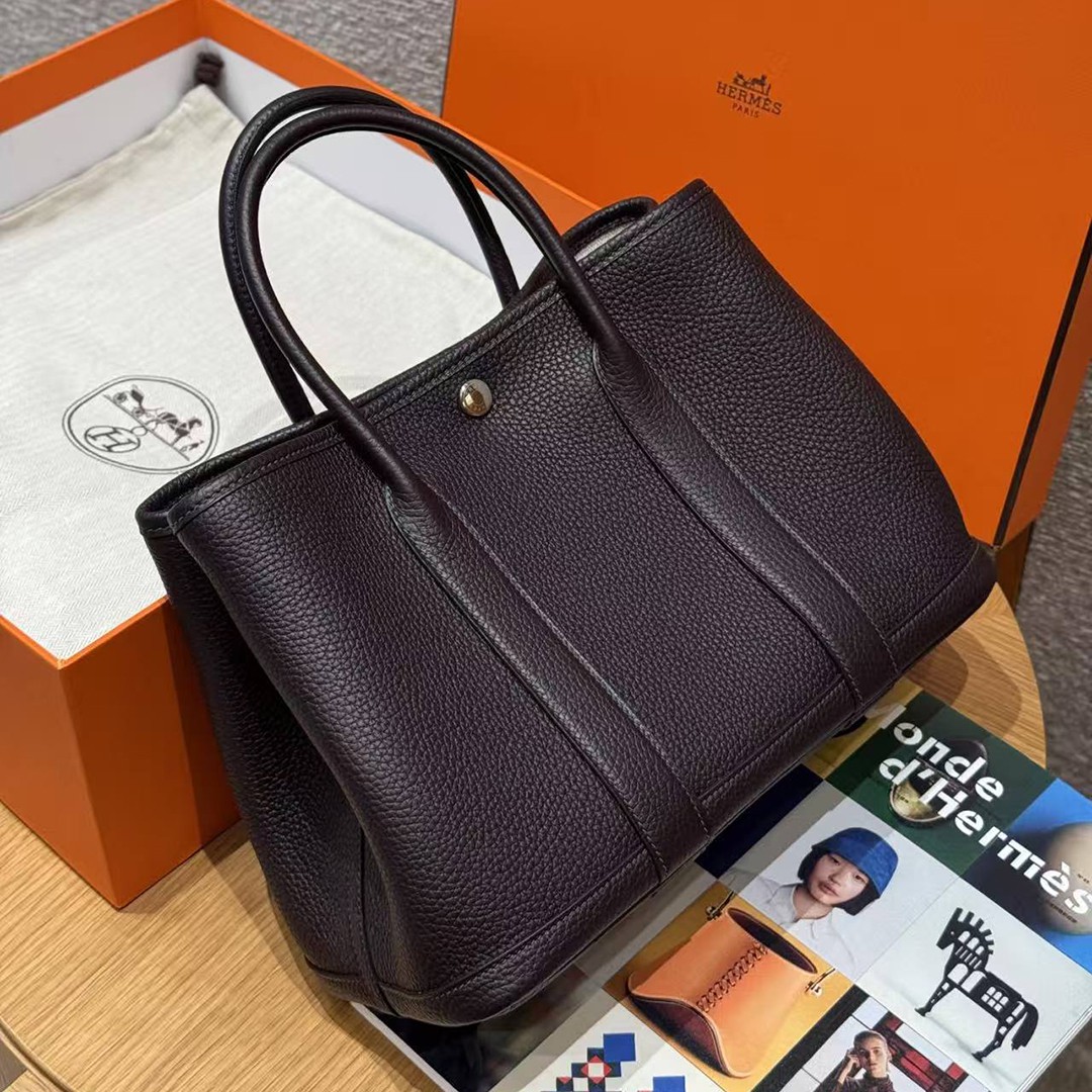 Hermes Garden Party 30 Bag Handmade In Negonda Calfskin Leather Silver Hardware 59 Raisin - Image 3