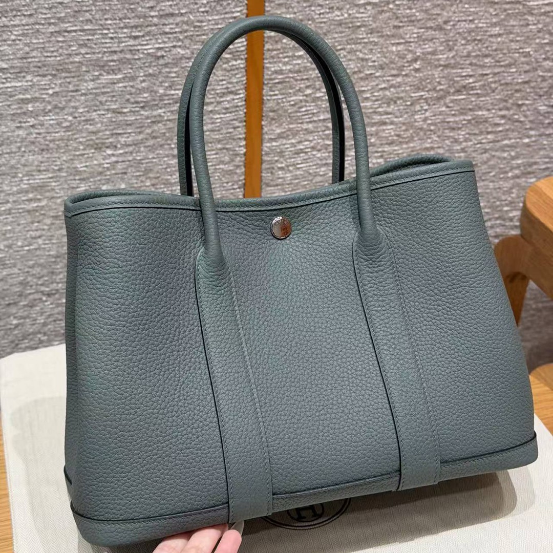 Hermes Garden Party 30 Bag Handmade In Negonda Calfskin Leather Silver Hardware 63 Vert Amanda